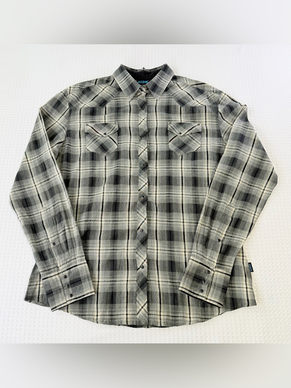 KUHL Men's Pearl Snap Long Sleeve Shirt Black Gray Plaid Western Outdoor Size L